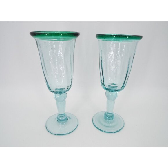 Handmade Other - Pair of 7.25" Blown Glass Goblets Aqua Blue Green